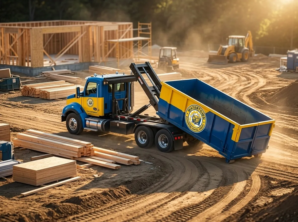 Roll-off truck delivering a container to a framing site in Watertown, New York Roll-off truck delivering a container to a framing site in Watertown, New York