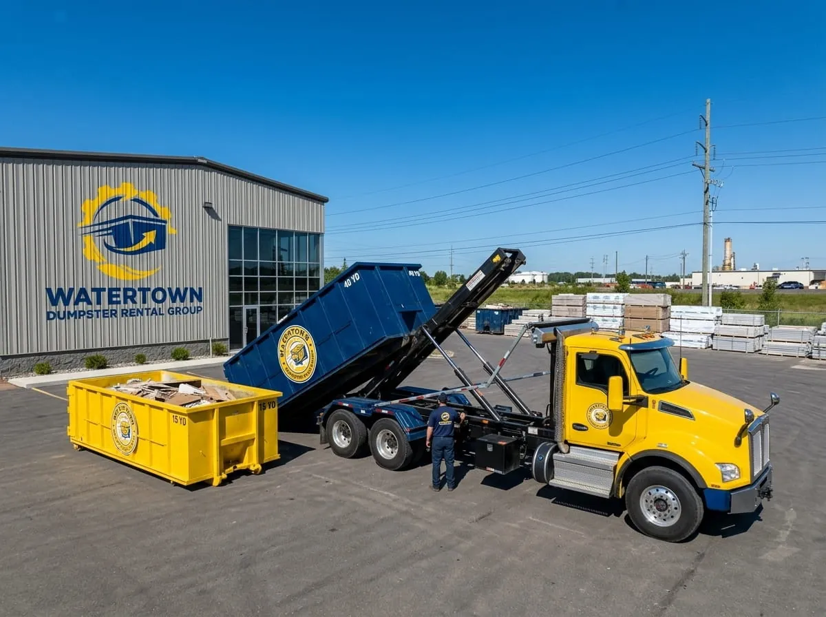 Watertown Dumpster Rental Group roll-off truck delivering a dumpster on a street in Watertown, NY Watertown Dumpster Rental Group roll-off truck delivering a dumpster on a street in Watertown, NY